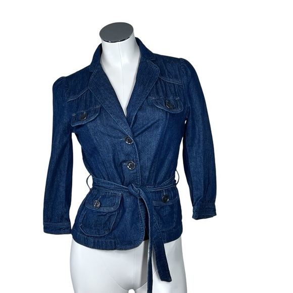 ANN TAYLOR LOFT Dark Denim Jacket Button-up 3/4 Sleeves with Belt Tie Women's SP - Picture 1 of 16